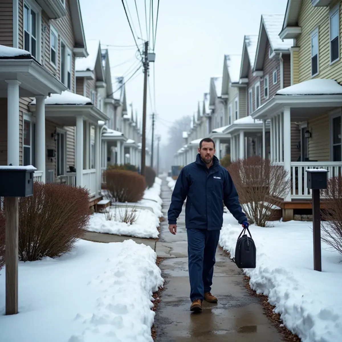 Frame two-family houses on a dense Spring Valley, NY street with a technician entering a side basement door
