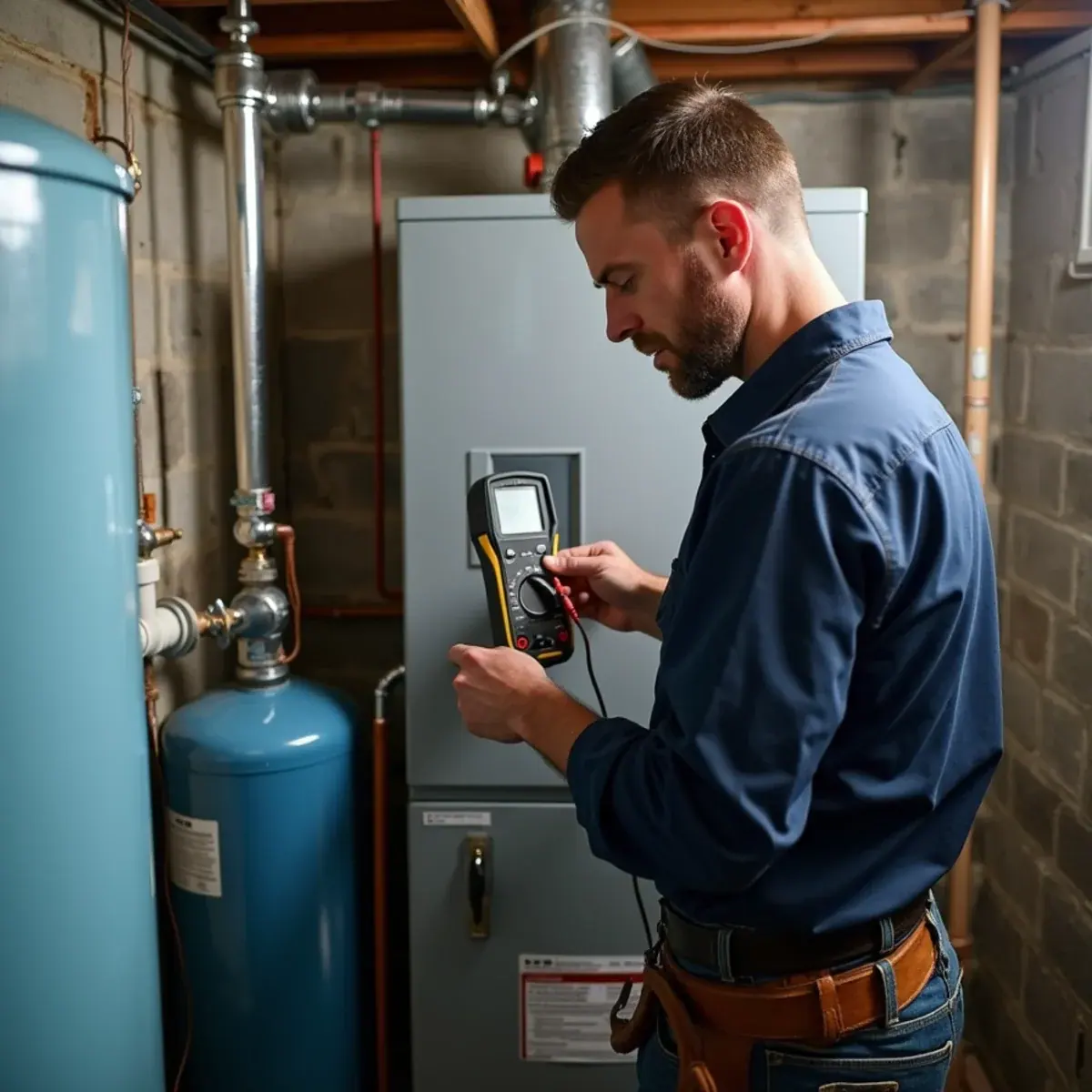 Technician servicing an oil burner near a well pressure tank in a Stony Point, NY basement