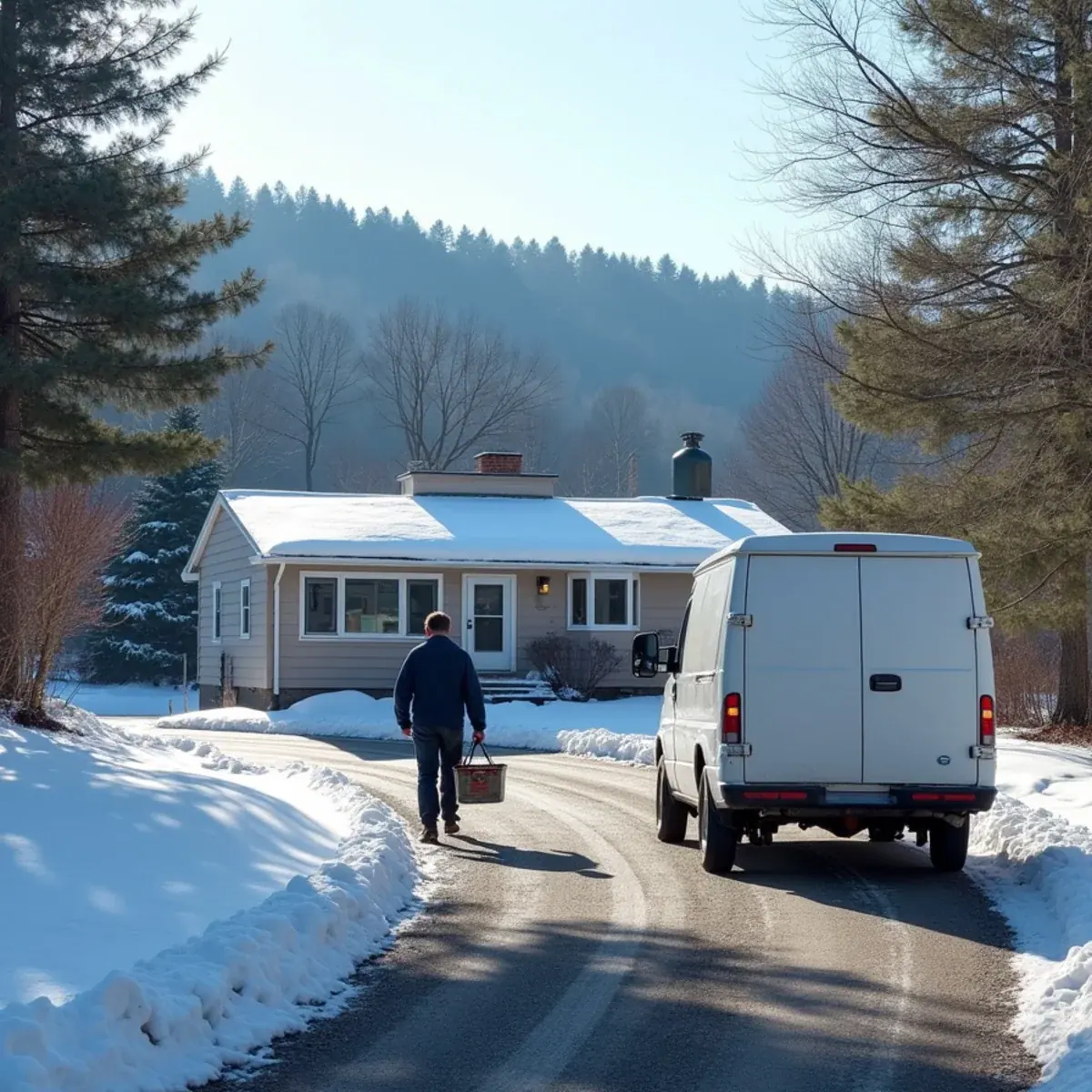 1960s raised ranch on a wooded road in Stony Point, NY with Hudson Highlands behind and a technician arriving
