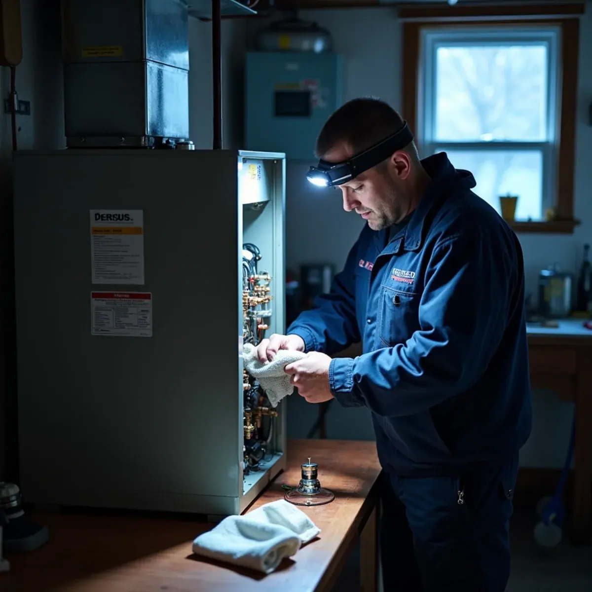 Technician cleaning electrodes on a locked-out oil burner in a cold Suffern, NY basement