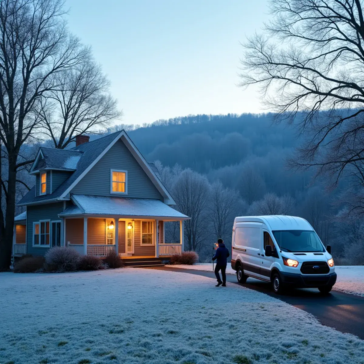 Older village home at the foot of the Ramapo Mountains in Suffern, NY on a frosty winter morning