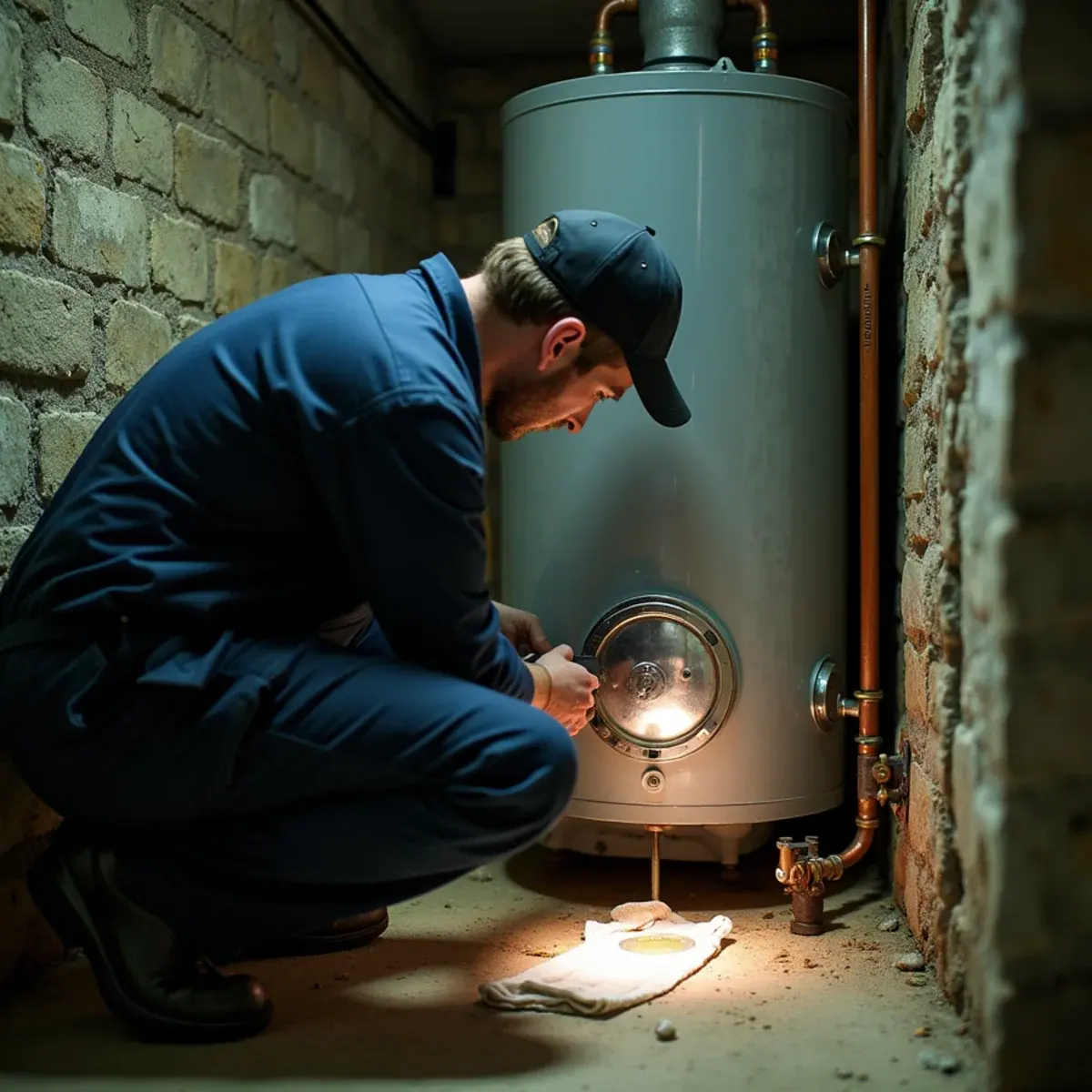 Technician inspecting a rust-streaked gas water heater in a damp Tarrytown, NY basement