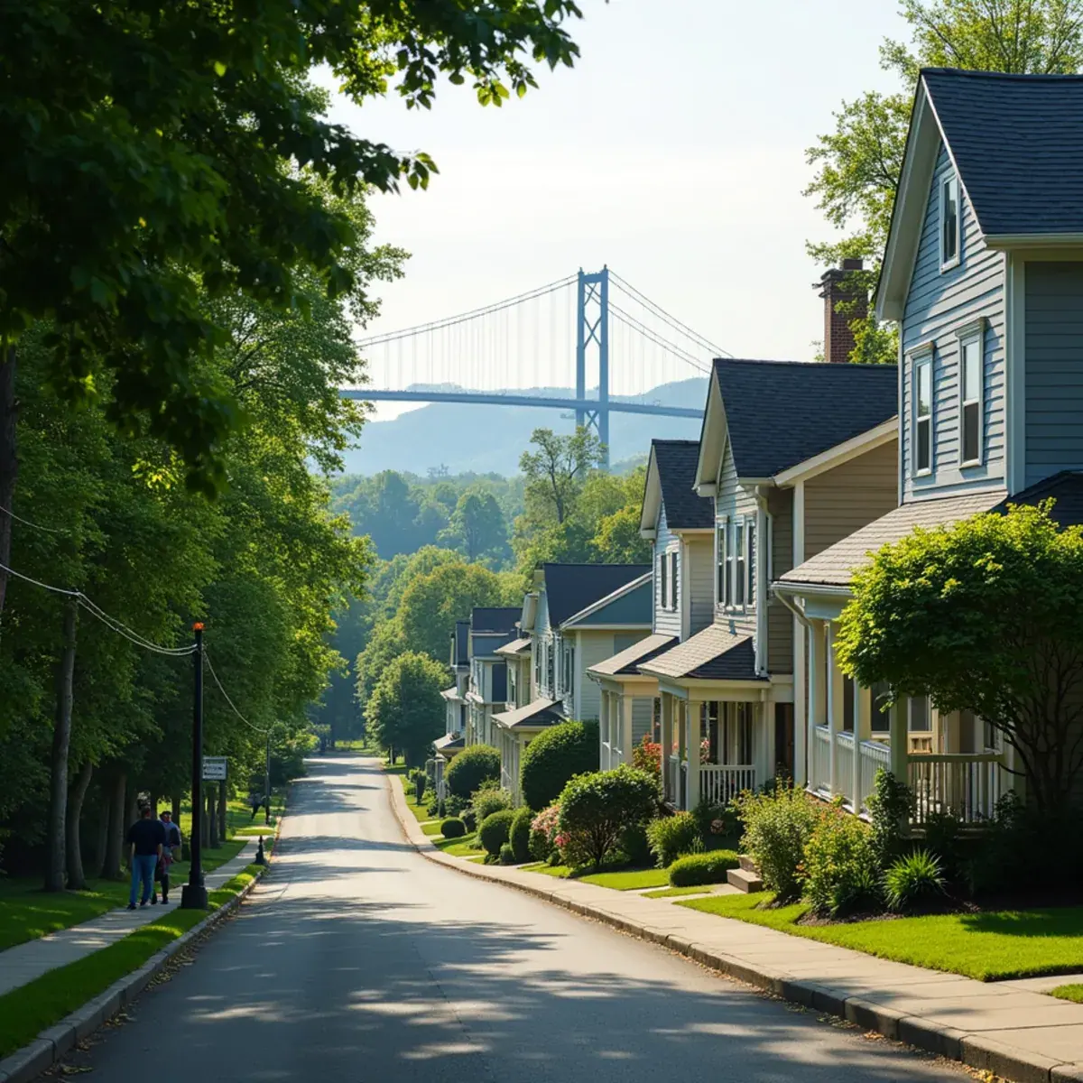 Victorian homes on a Tarrytown, NY hillside overlooking the Hudson River on a humid summer day