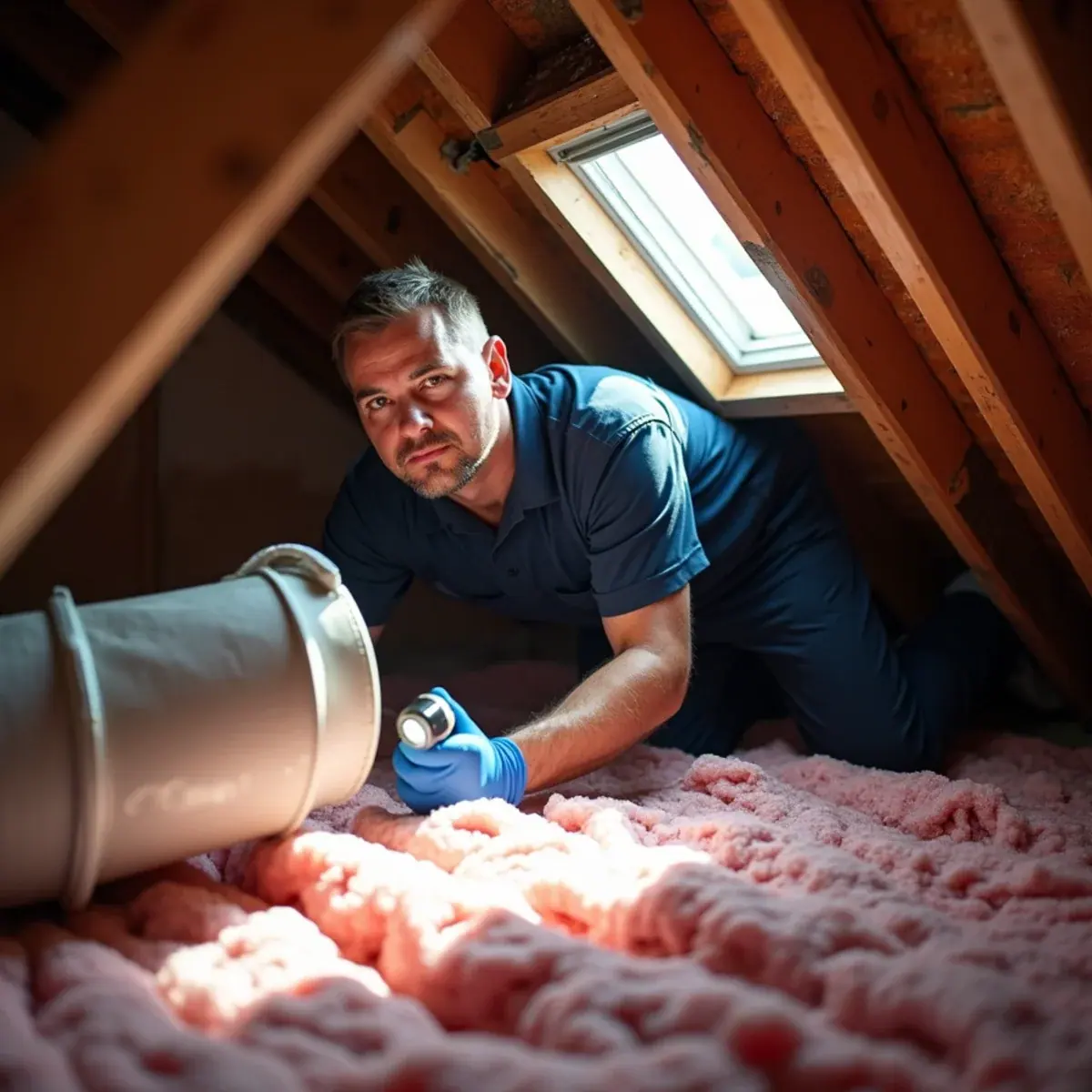 Technician inspecting poorly insulated attic ductwork above a Thornwood, NY ranch