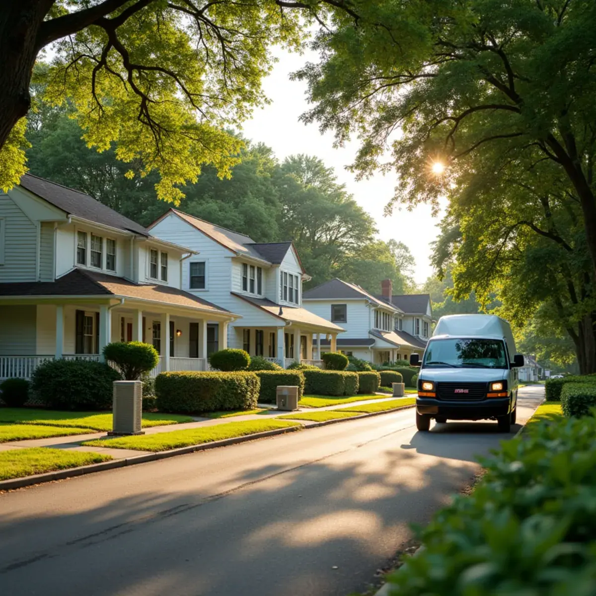 1950s ranch and Cape Cod homes on a quiet Thornwood, NY street in summer