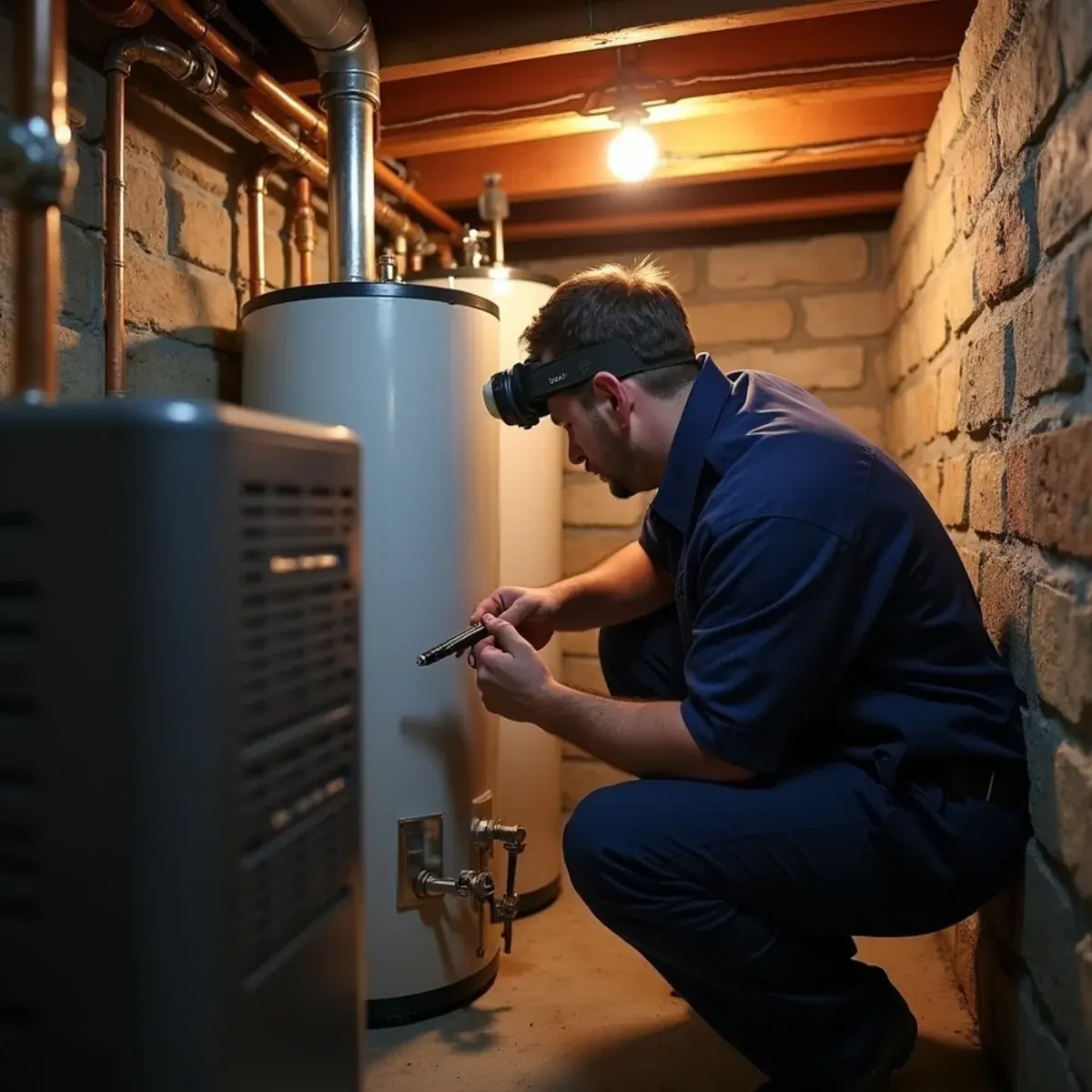 Technician servicing a water heater and boiler in a tight older basement in Tuckahoe, NY