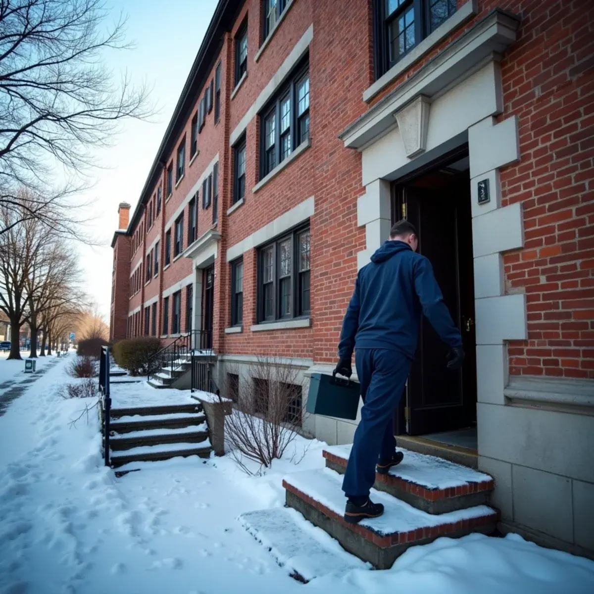 Pre-war brick apartment building near the train station in Tuckahoe, NY with a technician at the entry