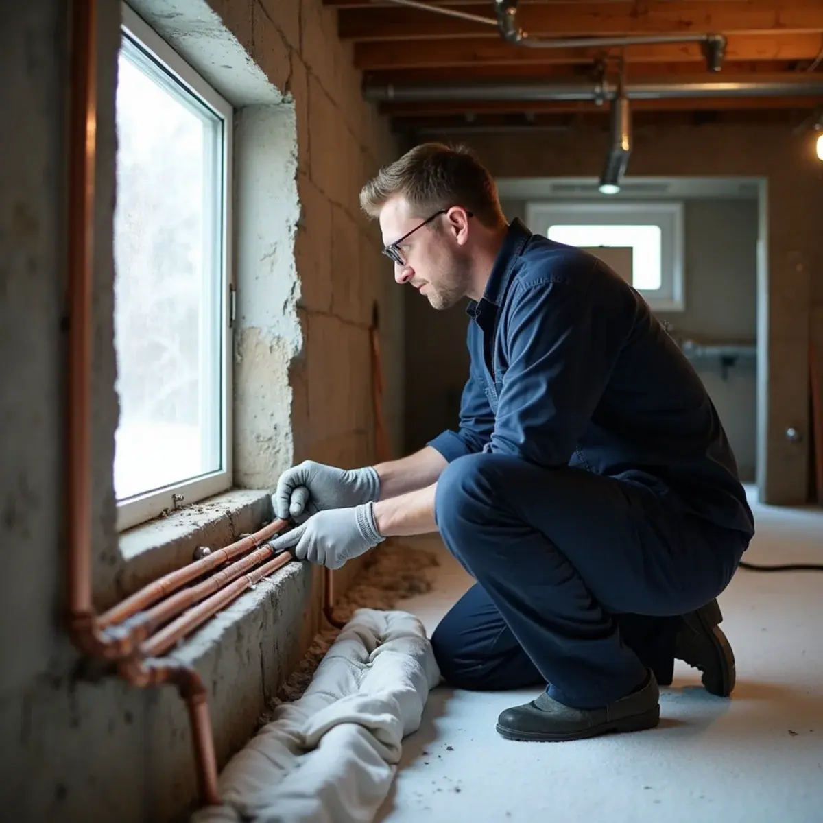 Technician insulating heating pipes along a cold exterior wall in a Valhalla, NY walkout basement
