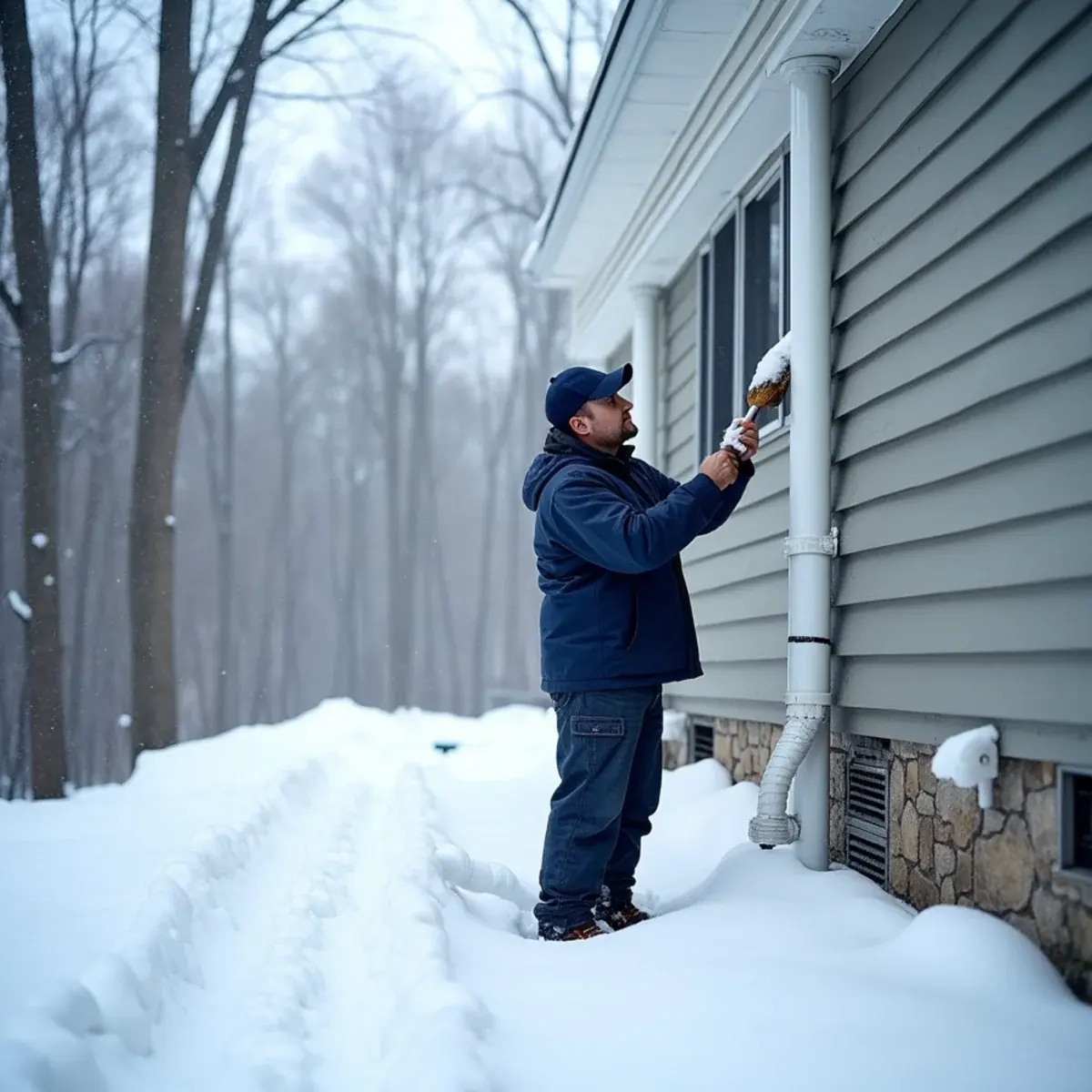 Wooded hillside home in Valhalla, NY in winter with a technician clearing snow from furnace vents