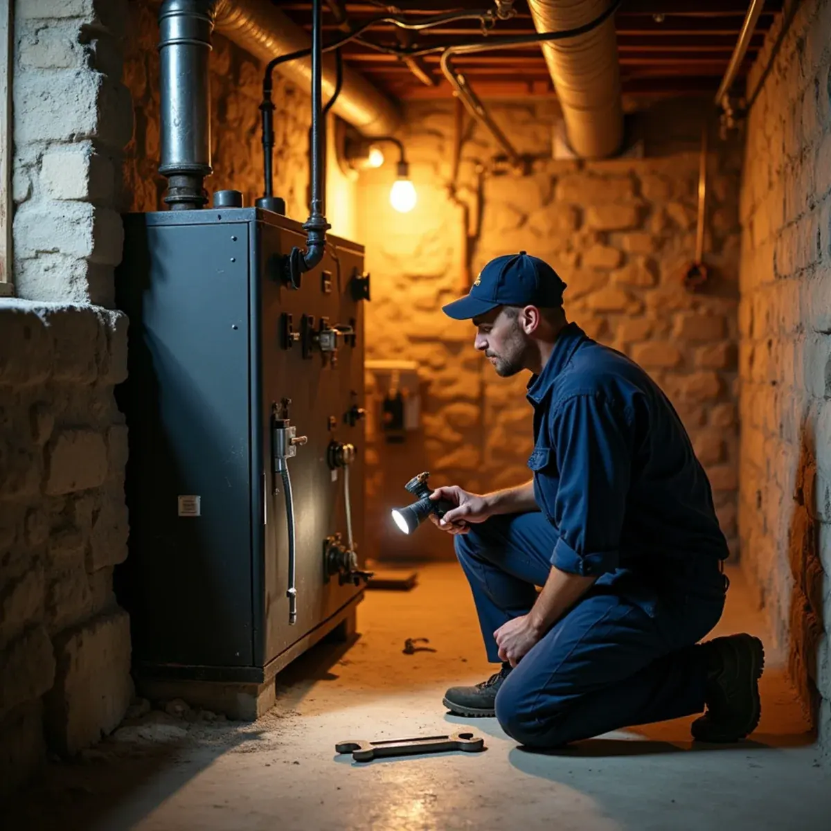 Technician checking a converted cast-iron steam boiler in a pre-war Westchester County, NY basement