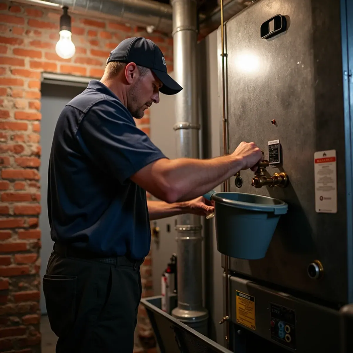 Technician testing the low-water cutoff on a walk-up building boiler in Yonkers, NY