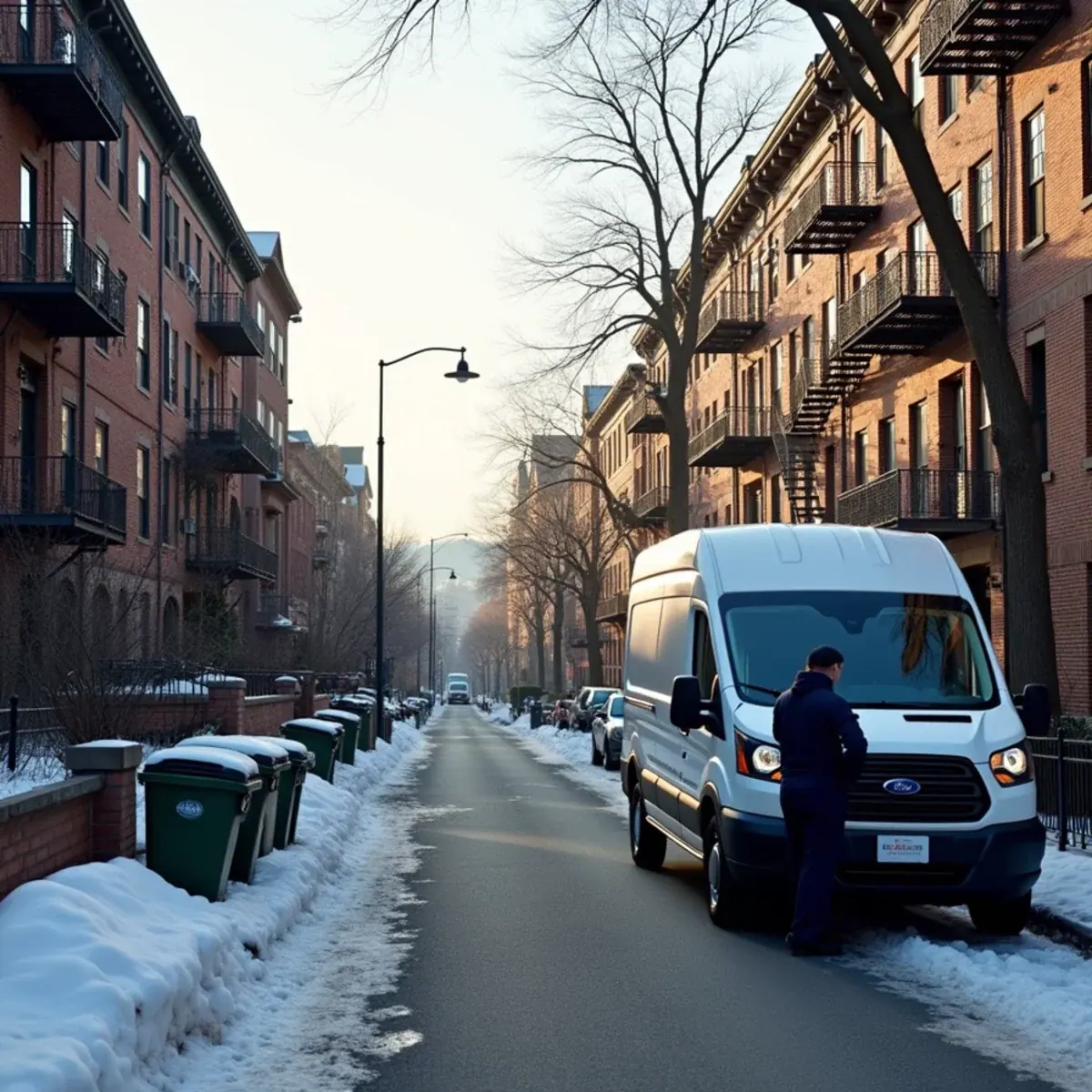 Brick walk-up apartment building on a hillside street in Yonkers, NY with an HVAC service van
