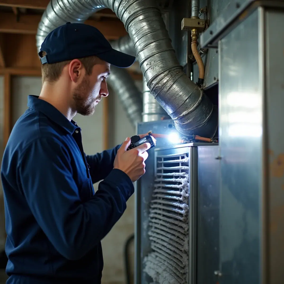 Technician inspecting a frozen evaporator coil on an oil furnace in a Yorktown Heights, NY home