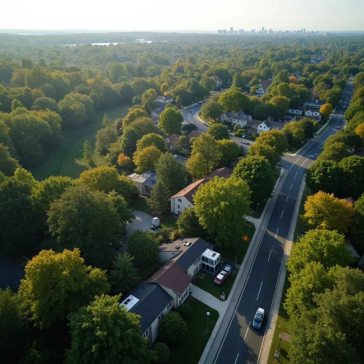 Aerial view of leafy Westchester County neighborhoods served by our White Plains HVAC team