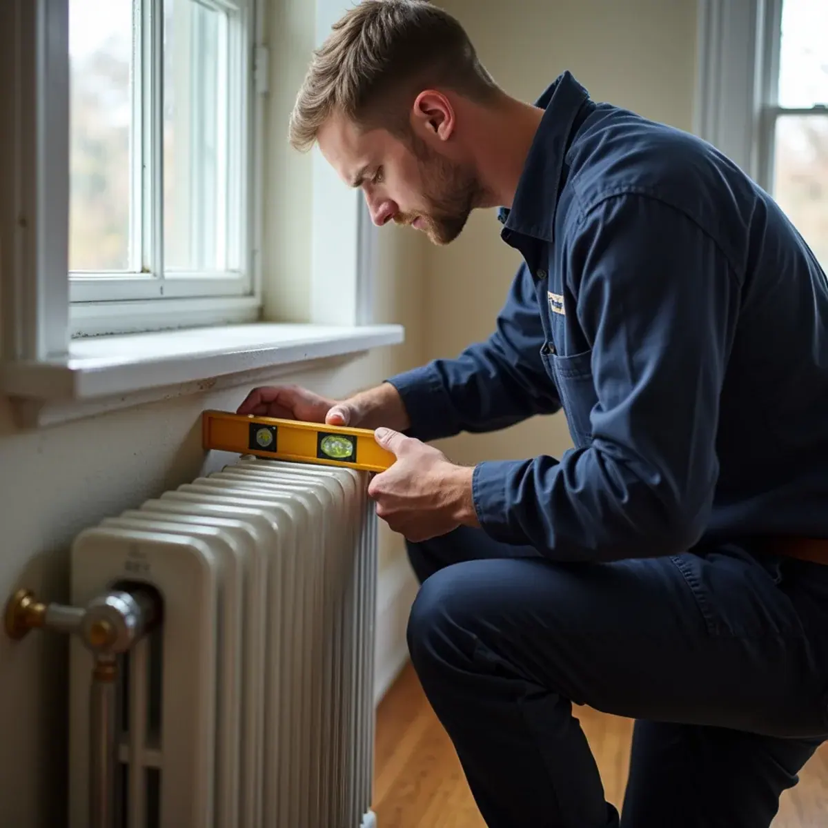 Technician checking steam radiator pitch with a level in a White Plains, NY home