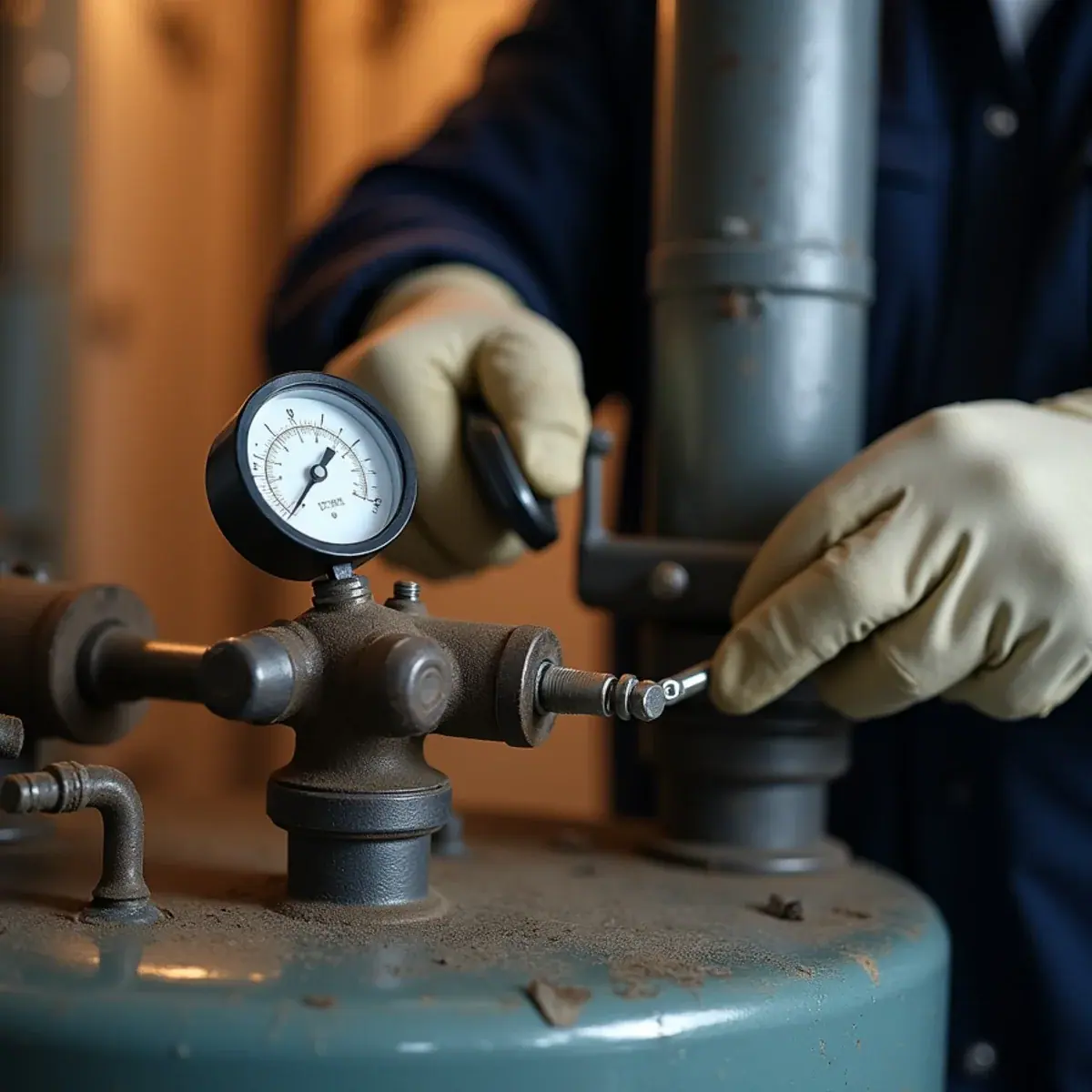 Close-up of steam boiler pressuretrol and main air vents in a Westchester, NY basement