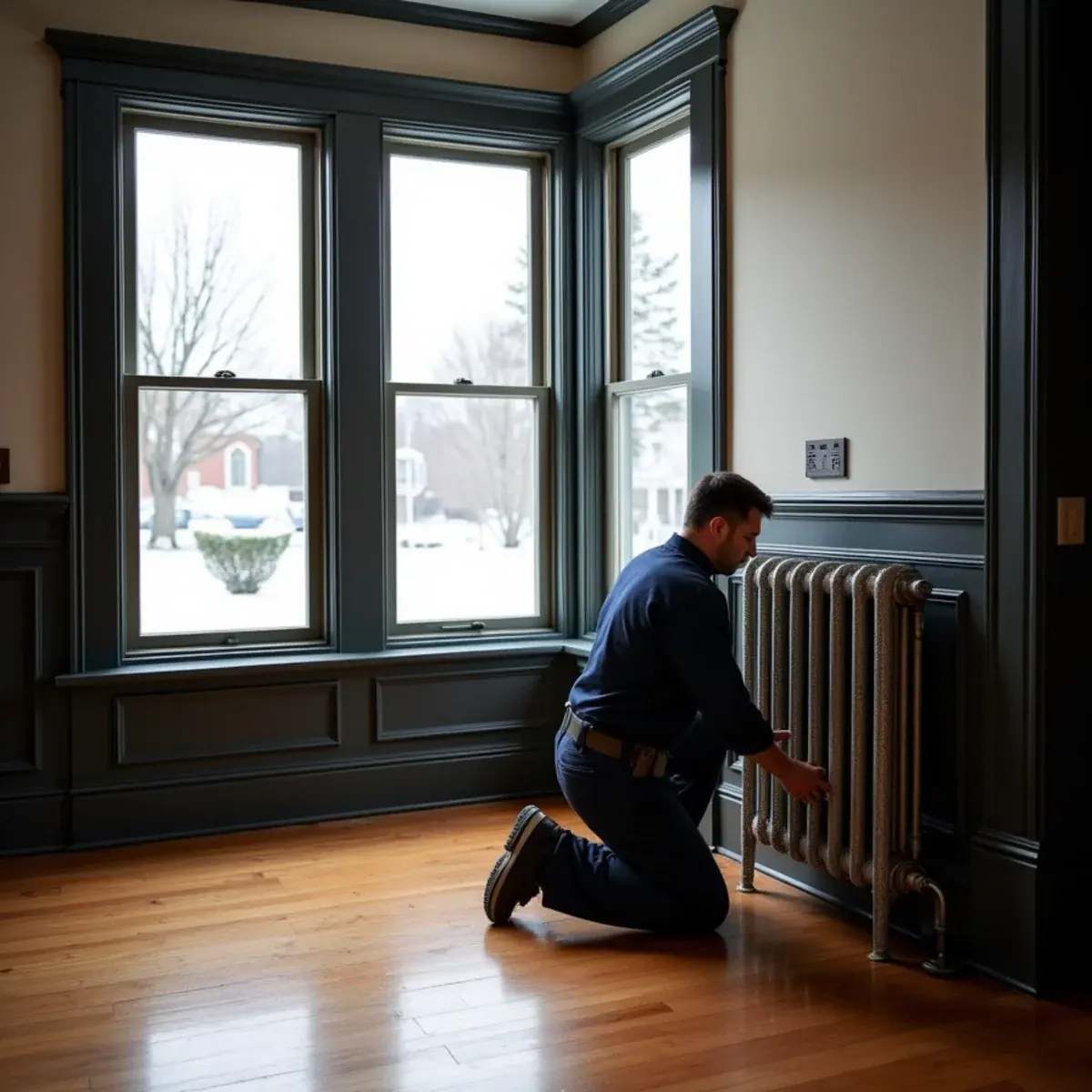 Cast-iron steam radiator in a Victorian home parlor in White Plains, NY in winter