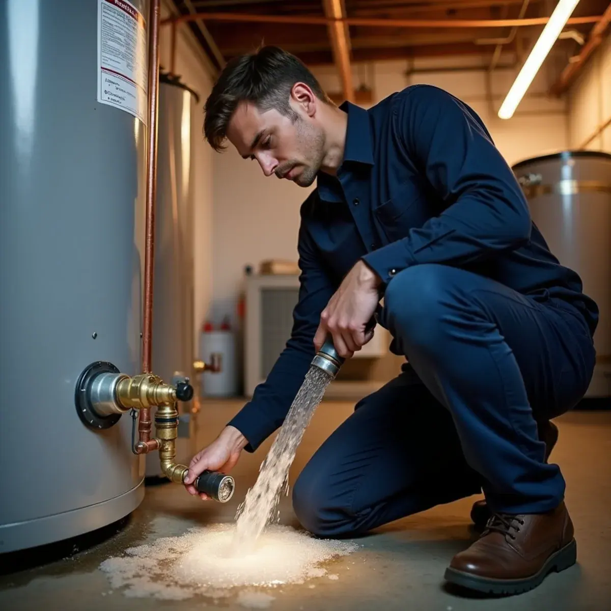 Technician flushing sediment from a water heater tank in a White Plains, NY home
