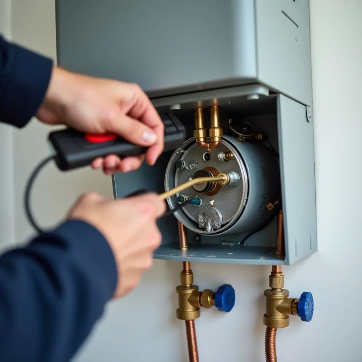 Close-up of tankless water heater components and venting inspected in Westchester, NY